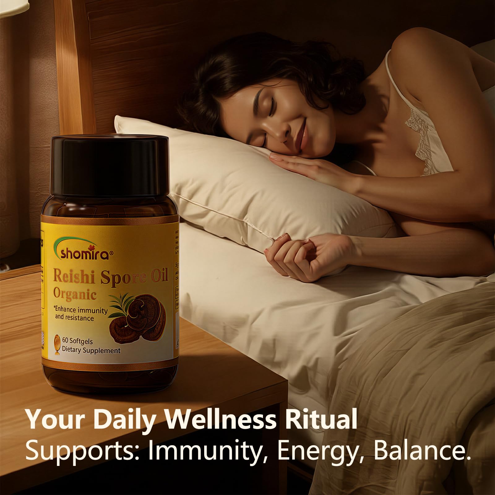 Shomira Reishi Spore Oil on shelf with premium packaging and branding.