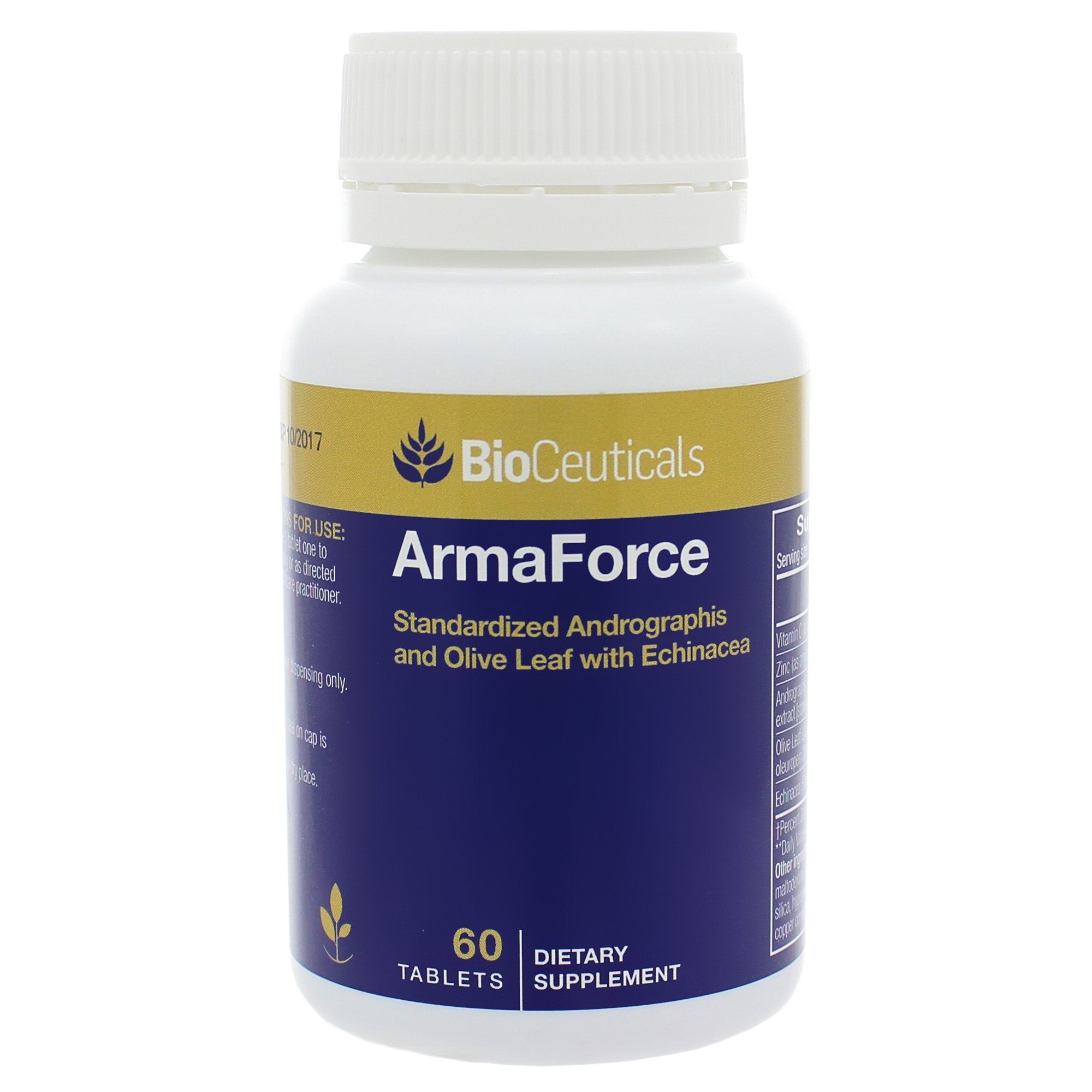 Shoofoo ArmaForce Olive Leaf bottle showing vegan immune support formula for daily balance.