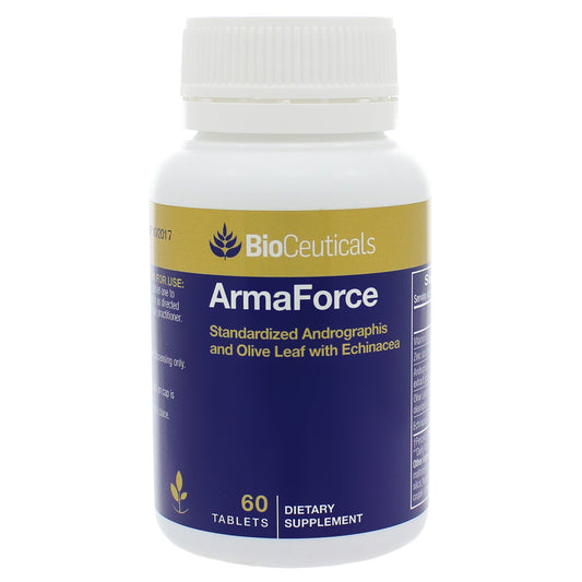 Shoofoo ArmaForce Olive Leaf bottle showing vegan immune support formula for daily balance.