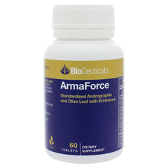 Shoofoo ArmaForce Olive Leaf bottle showing vegan immune support formula for daily balance.