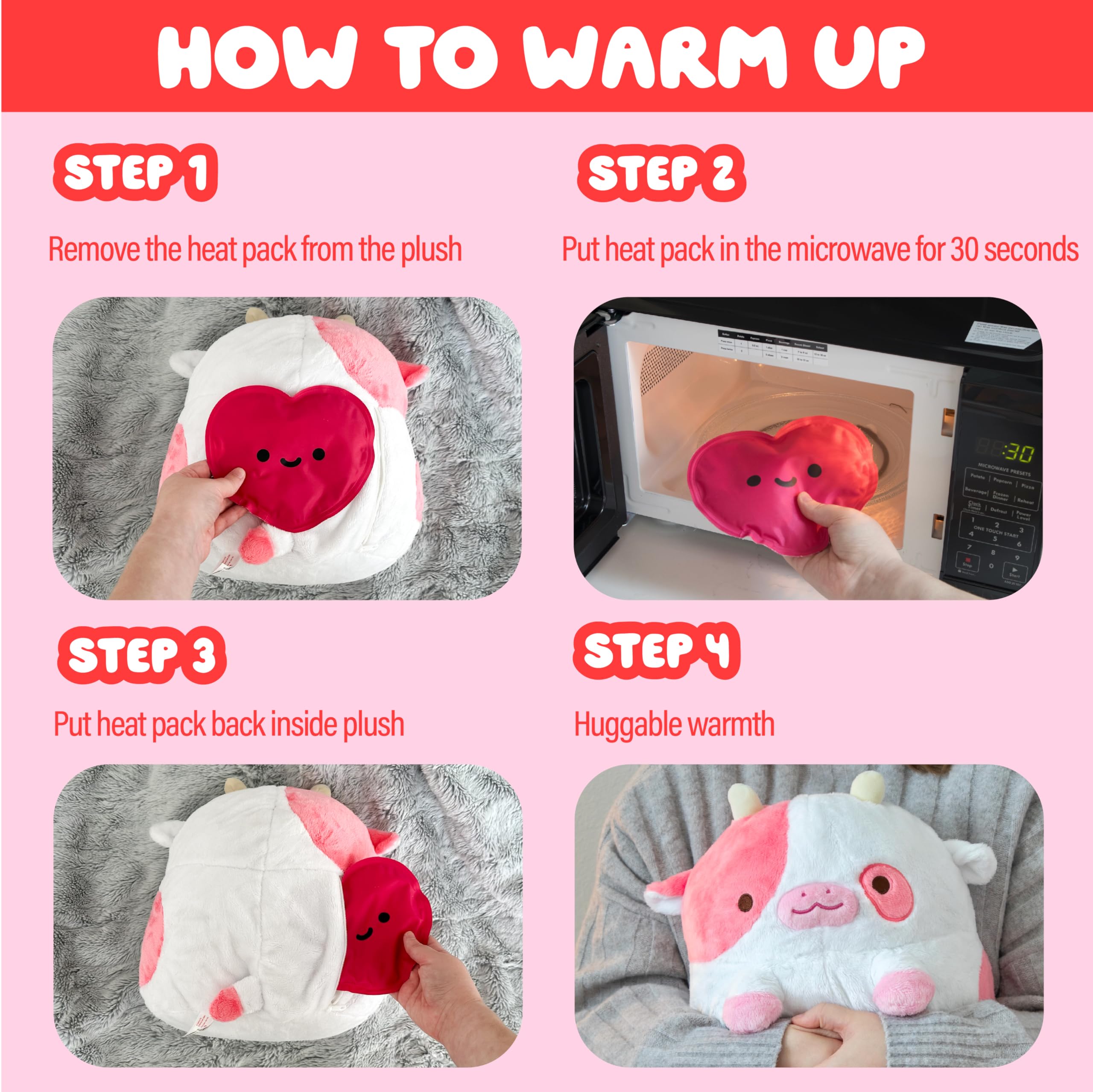 Shopzoki Strawberry Cow warmth may ease discomfort on tough days.