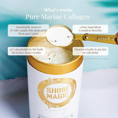 Shore Magic Marine Collagen Powder jar highlights compact packaging and quality