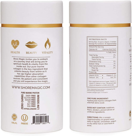 Shore Magic Marine Collagen Powder label detail confirms wild-caught sourcing