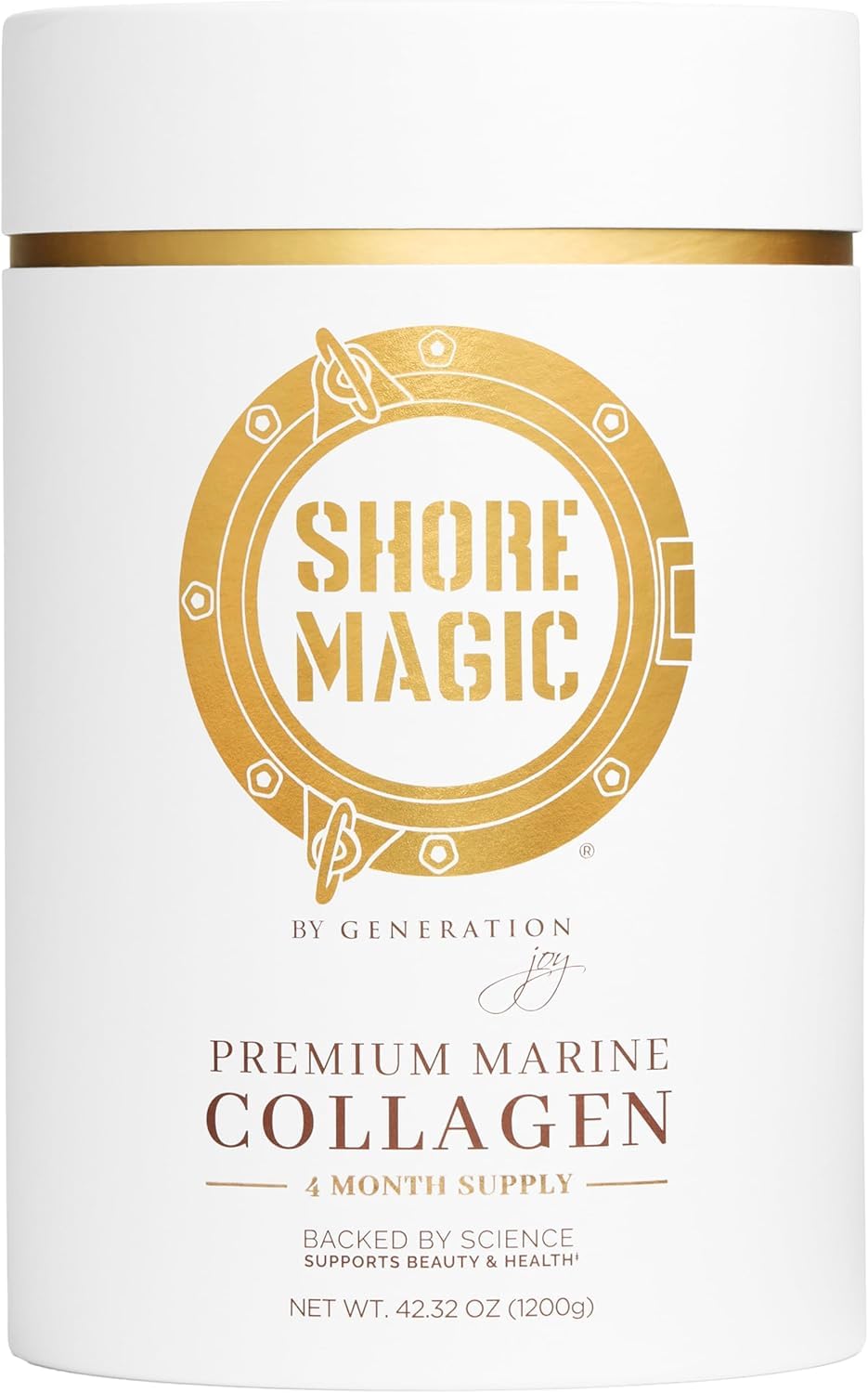 Shore Magic marine collagen powder tub showing odorless, unflavored formula for daily use