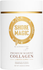 Shore Magic marine collagen powder tub showing odorless, unflavored formula for daily use