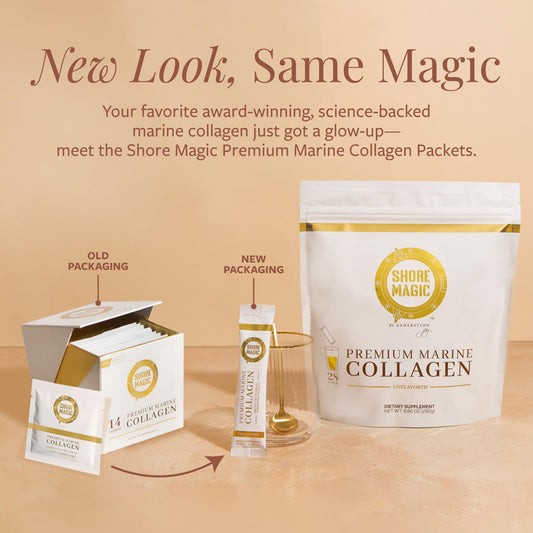 Shore Magic collagen travel packets arranged for on-the-go routine