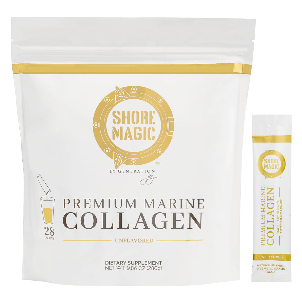 Shore Magic marine collagen bottle close-up showing skin elasticity support
