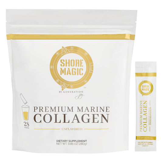Shore Magic marine collagen bottle close-up showing skin elasticity support