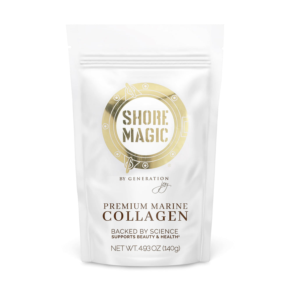 Shore Magic Premium Marine Collagen bottle displaying unflavored powder for easy mixing.