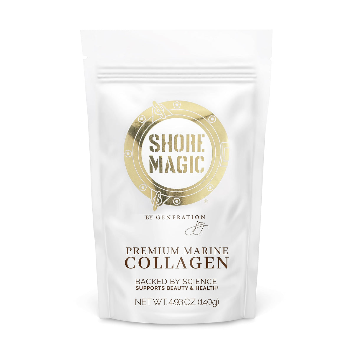 Shore Magic Premium Marine Collagen bottle displaying unflavored powder for easy mixing.