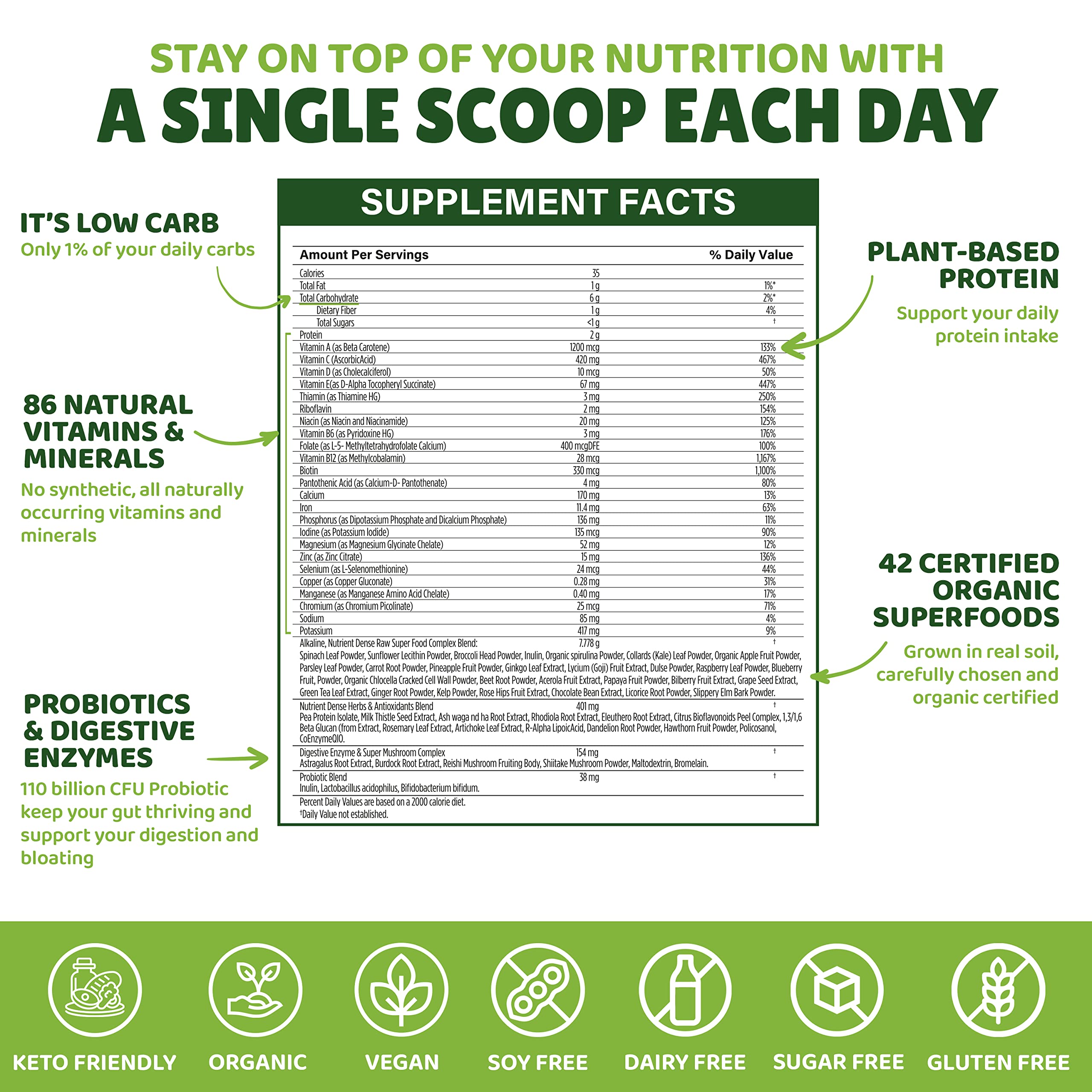 SHOUTGRIIN Organic Greens Ingredients close up showcasing nutrient rich blend.