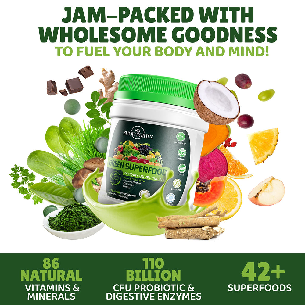 SHOUTGRIIN Probiotic Digestive Enzymes Blend scoop promoting gut support.