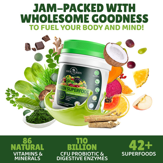 SHOUTGRIIN Probiotic Digestive Enzymes Blend scoop promoting gut support.