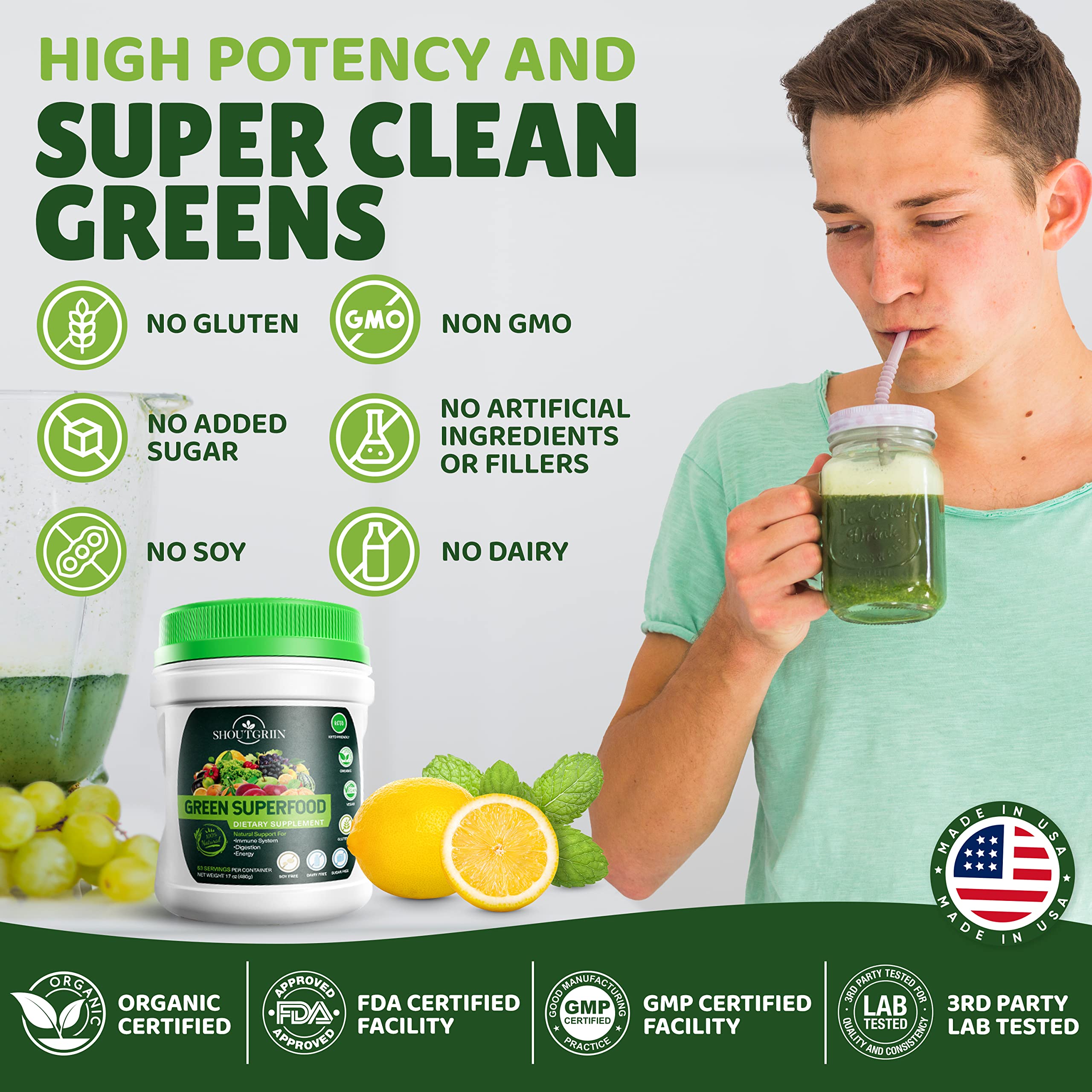 SHOUTGRIIN Organic wheatgrass, barley grass, and moringa close up.