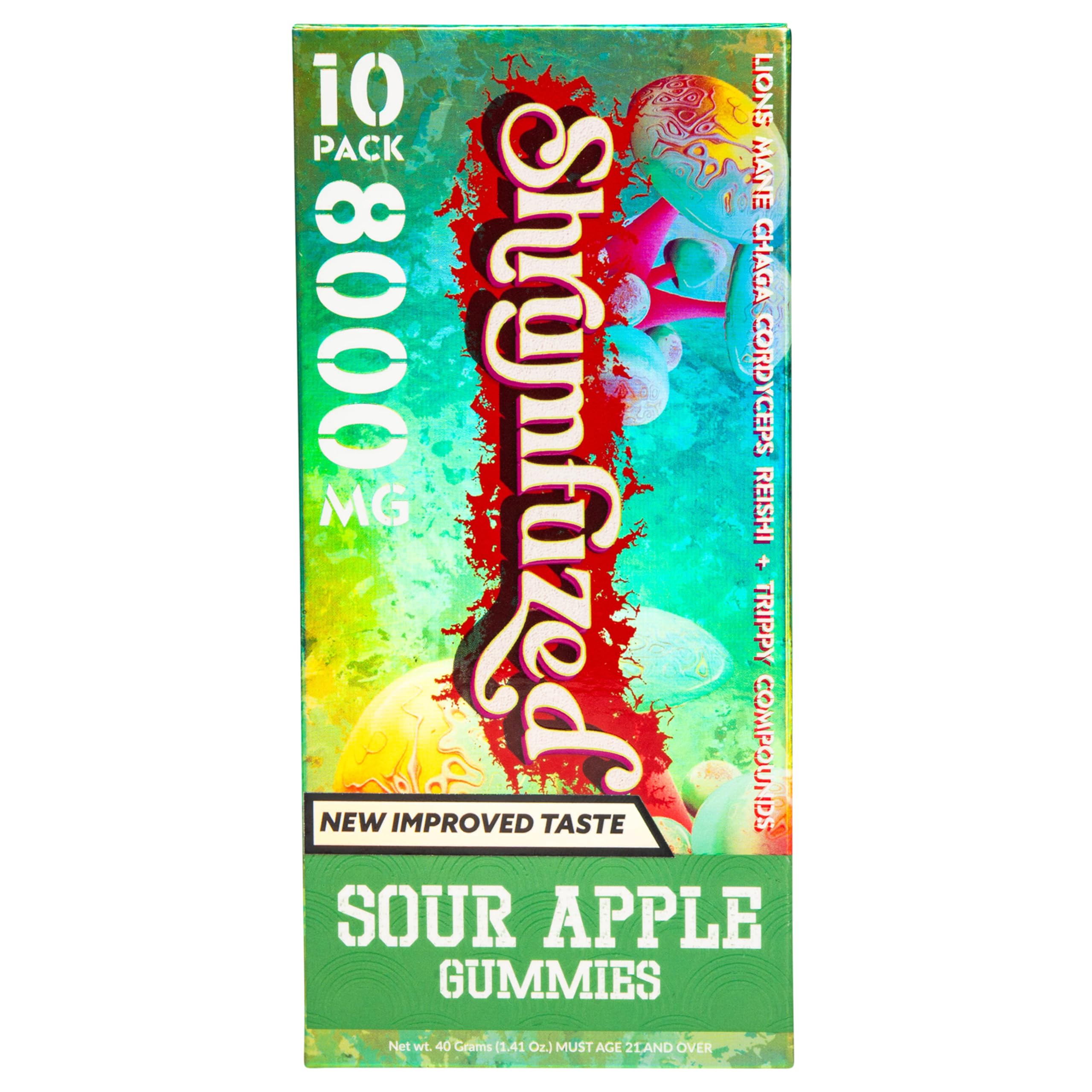Shrumfuzed bottle front shows New Improved Taste and daily wellness.