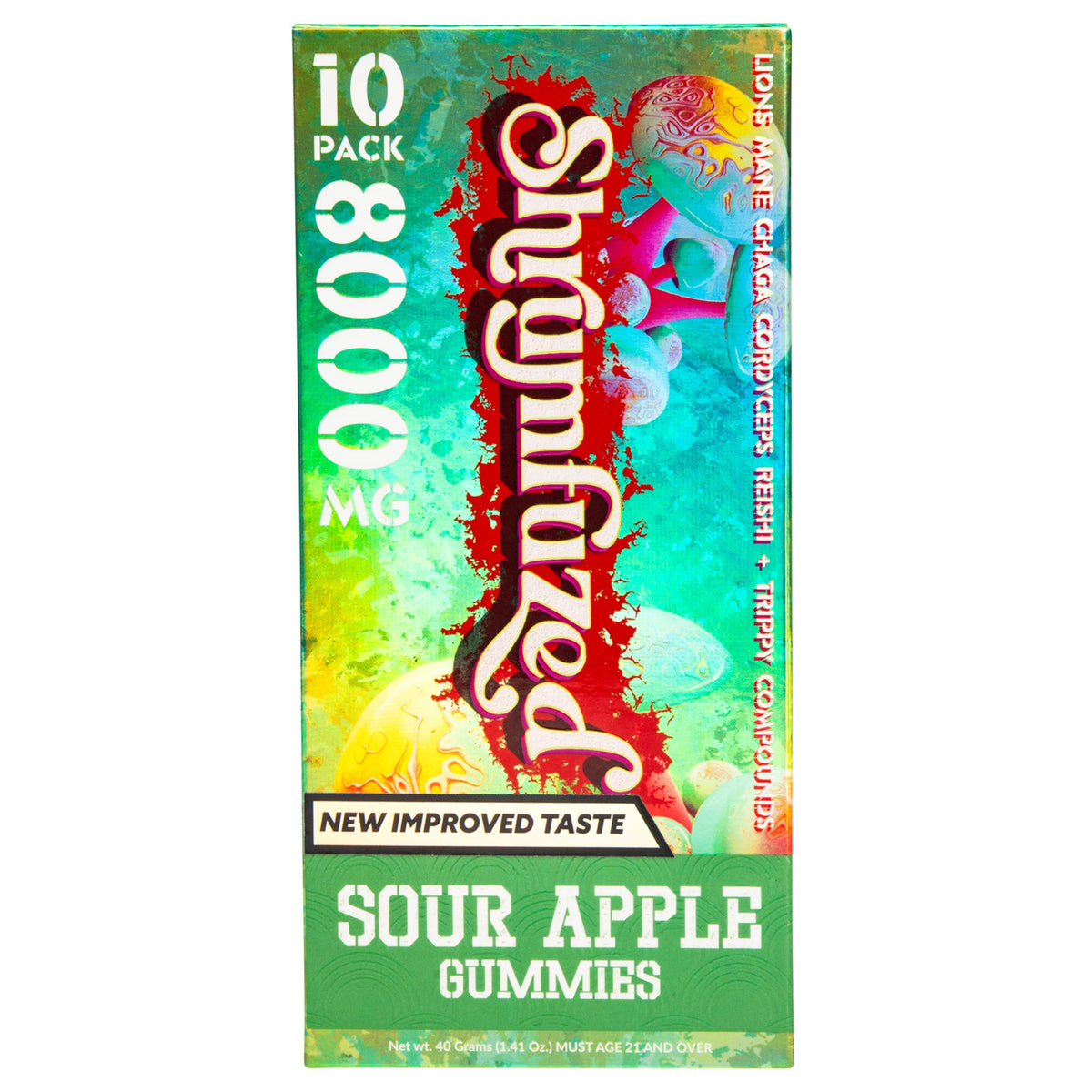 Shrumfuzed bottle front shows New Improved Taste and daily wellness.