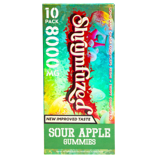 Shrumfuzed bottle front shows New Improved Taste and daily wellness.