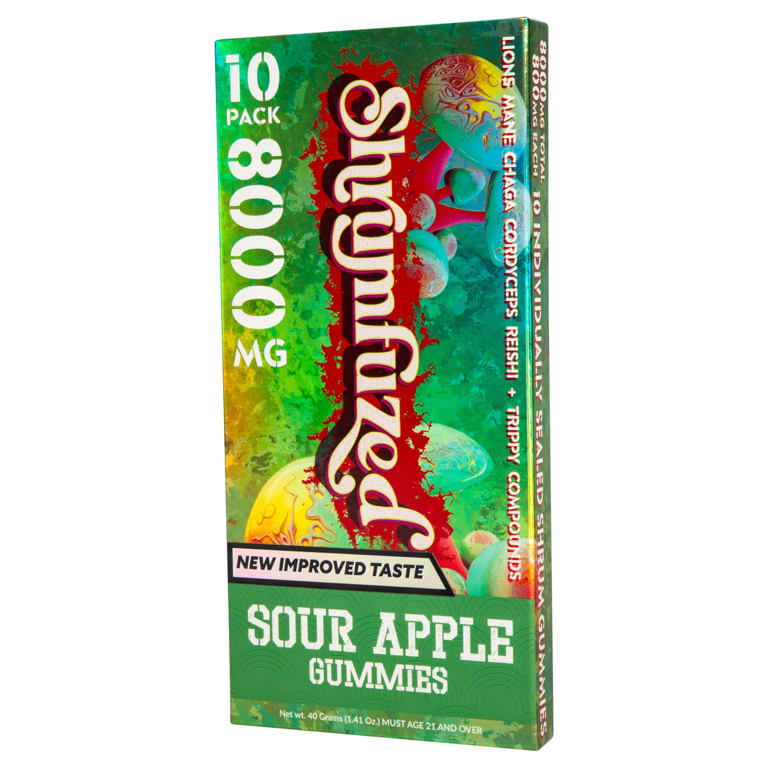 Shrumfuzed label emphasizes improved taste and safe packaging.