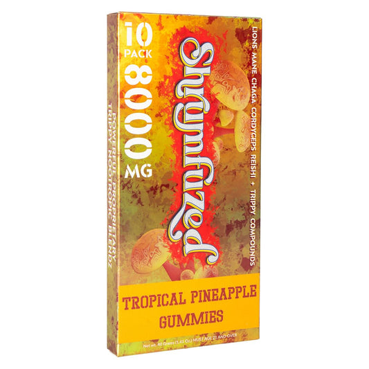 Shrumfuzed nootropic gummy closeup shows mushroom blend for cognitive support appeal.