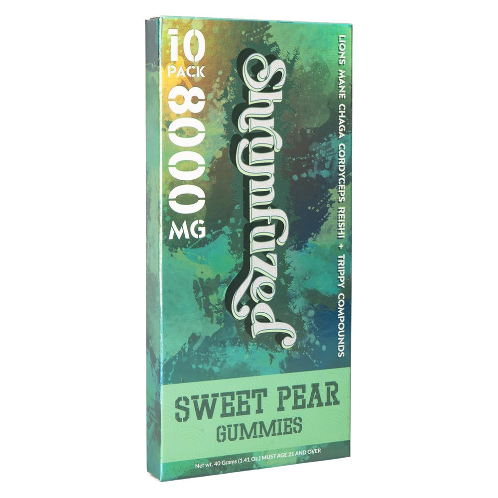 Shrumfuzed nootropic gummy Sweet Pear flavor close-up for tasty daily dose.