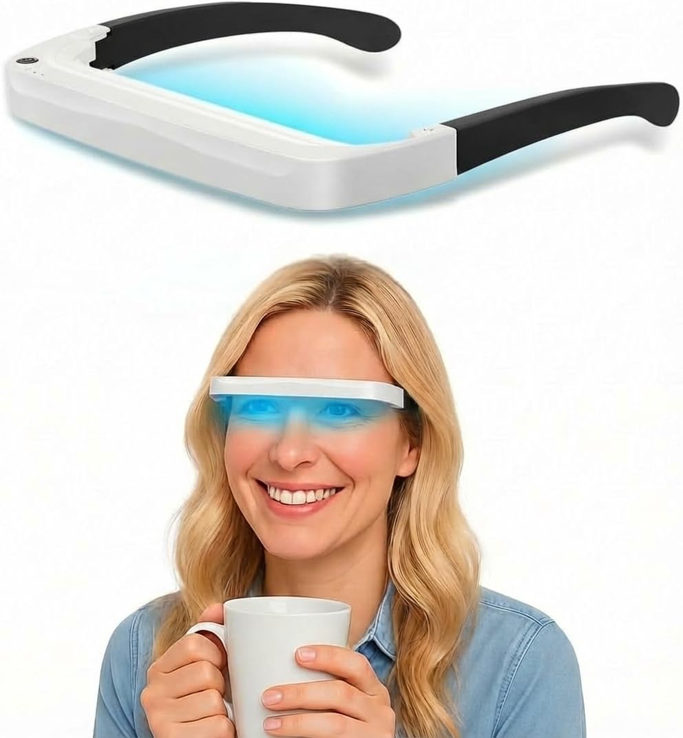 SHUFFLE LIFE light therapy glasses blue light mode for an on-the-go energy boost
