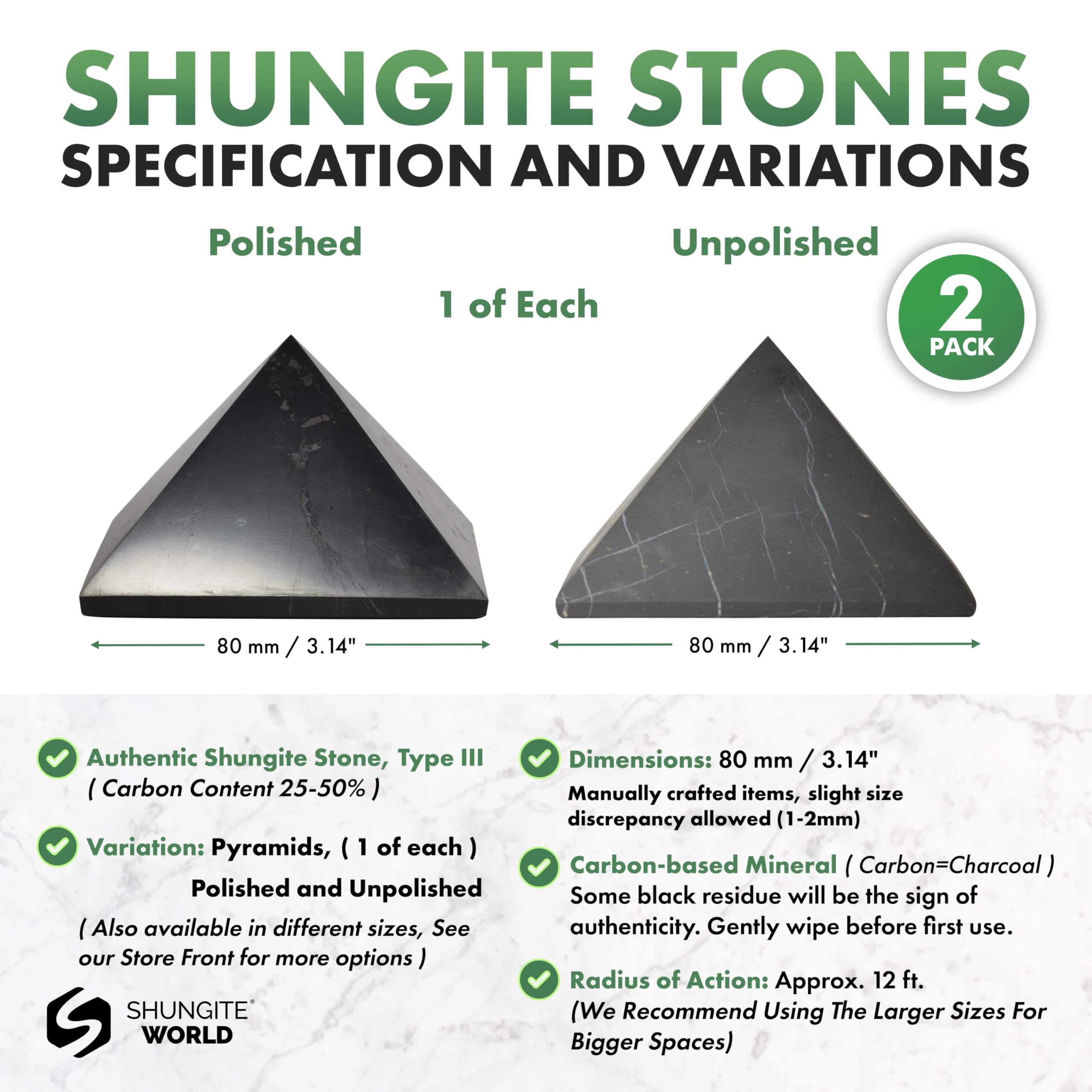 Shungite World 80mm unpolished pyramids as natural energy centerpiece