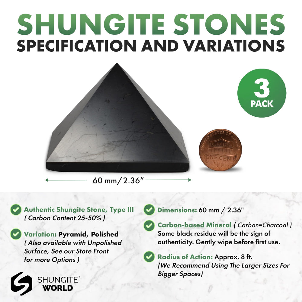 Shungite World 3-piece pyramid set on desk promotes focus and calm