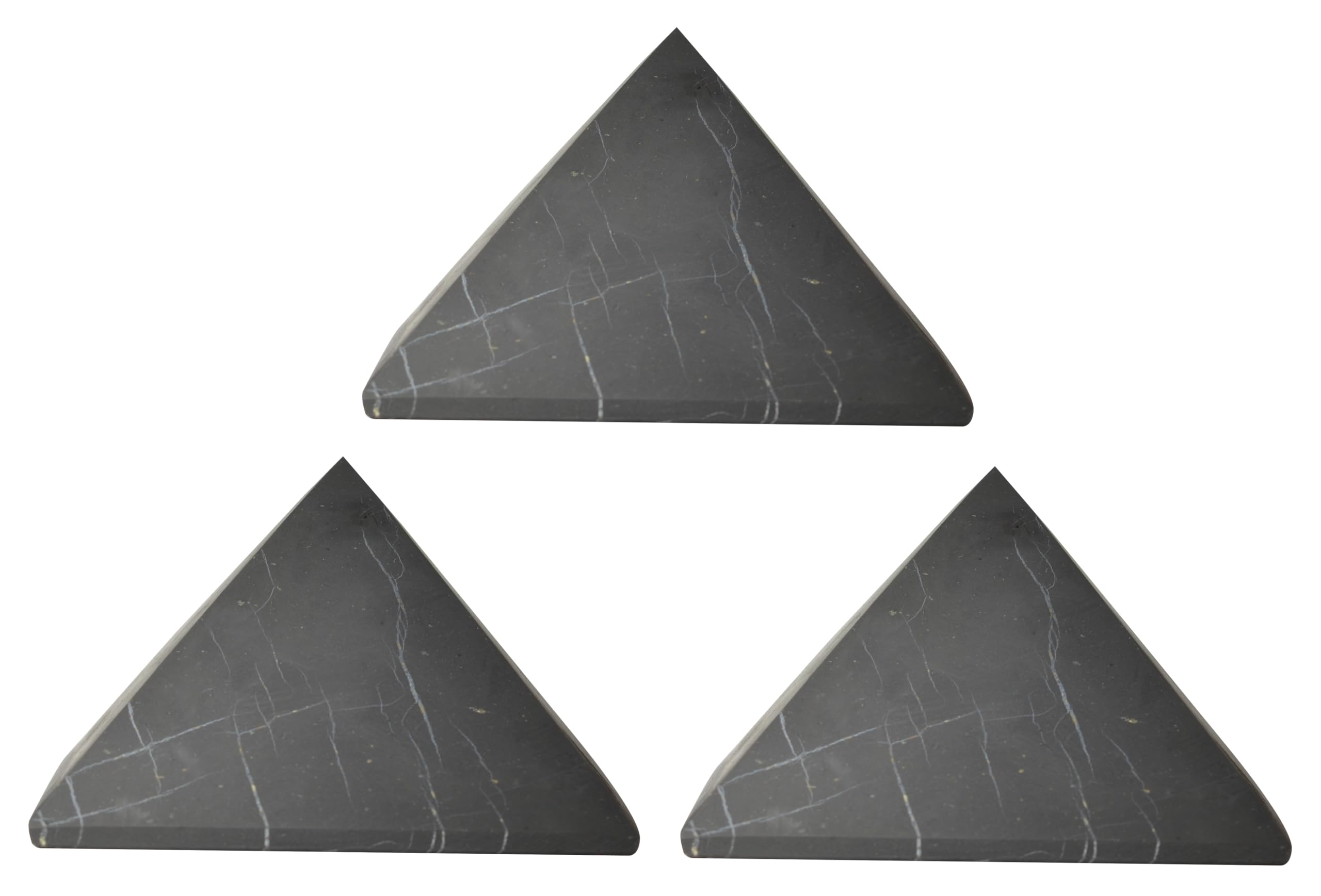 Shungite World 3pcs pyramid 80mm front view showcases natural unpolished texture for energy balance