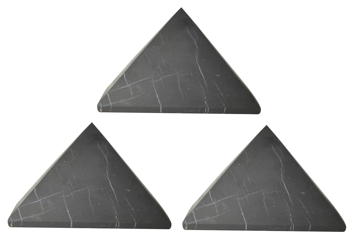Shungite World 3pcs pyramid 80mm front view showcases natural unpolished texture for energy balance