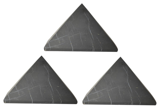 Shungite World 3pcs pyramid 80mm front view showcases natural unpolished texture for energy balance