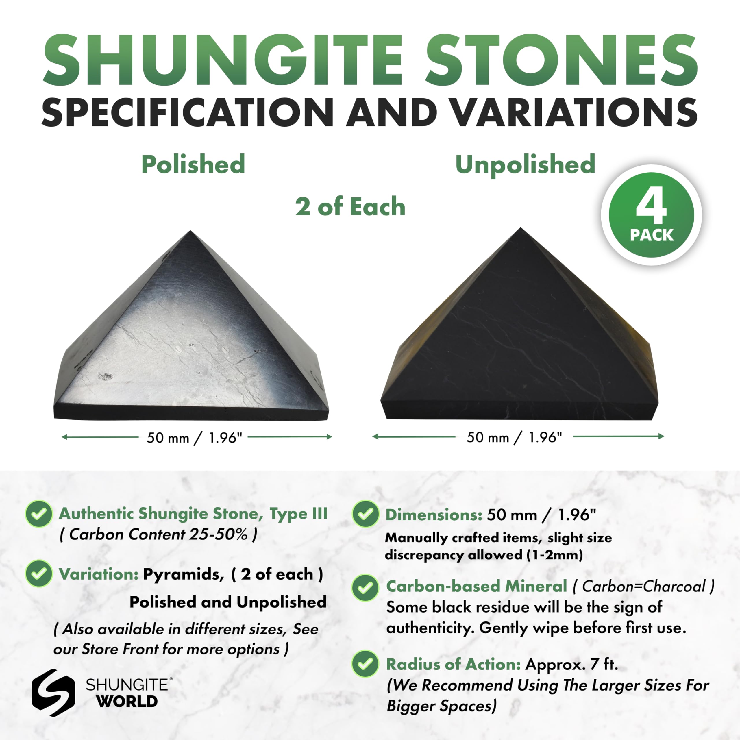 Shungite World 4pcs pyramids unpolished 50 mm provide natural texture and grounding.