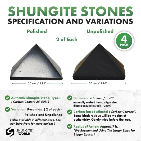 Shungite World 4pcs pyramids unpolished 50 mm provide natural texture and grounding.