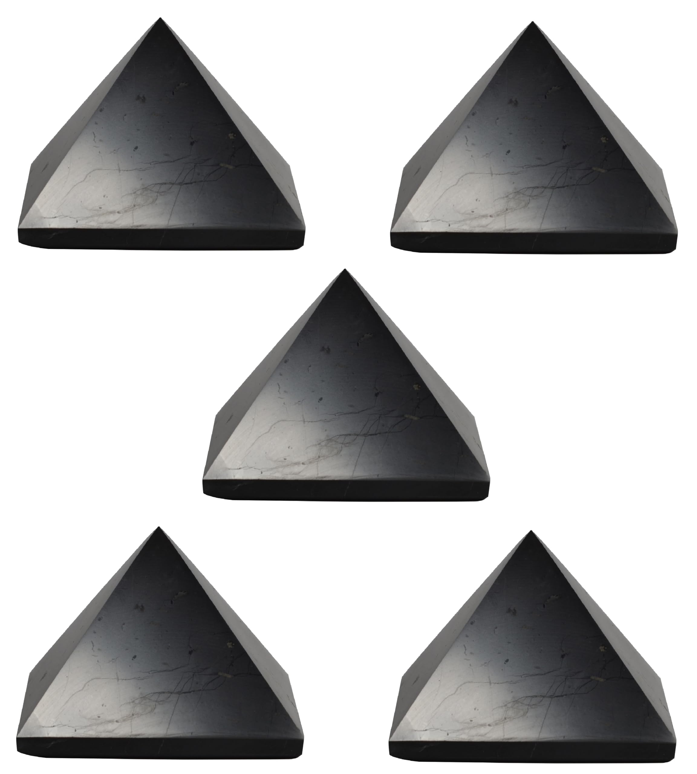 Shungite World 5pc authentic pyramid 60mm close-up showcases polished facets and craftsmanship