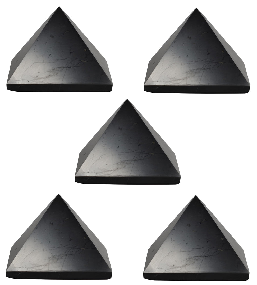 Shungite World 5pc authentic pyramid 60mm close-up showcases polished facets and craftsmanship