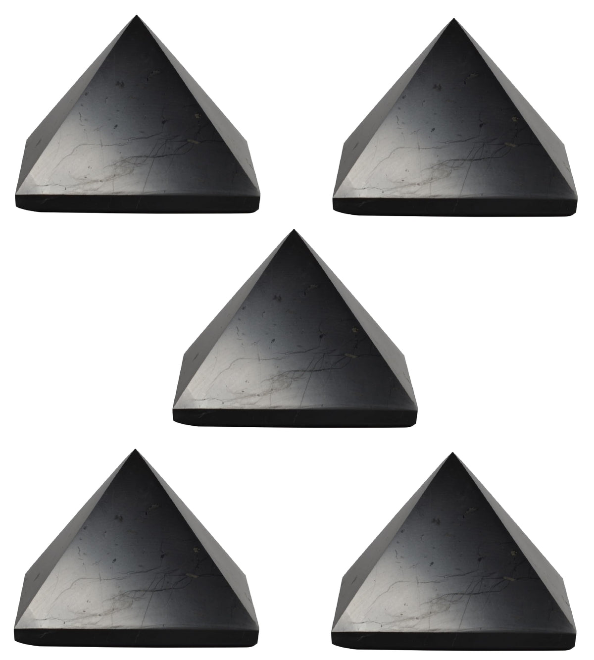 Shungite World 5pc authentic pyramid 60mm close-up showcases polished facets and craftsmanship