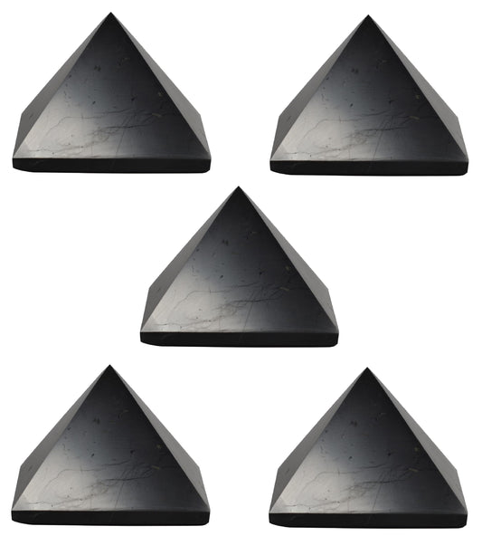 Shungite World 5pc authentic pyramid 60mm close-up showcases polished facets and craftsmanship