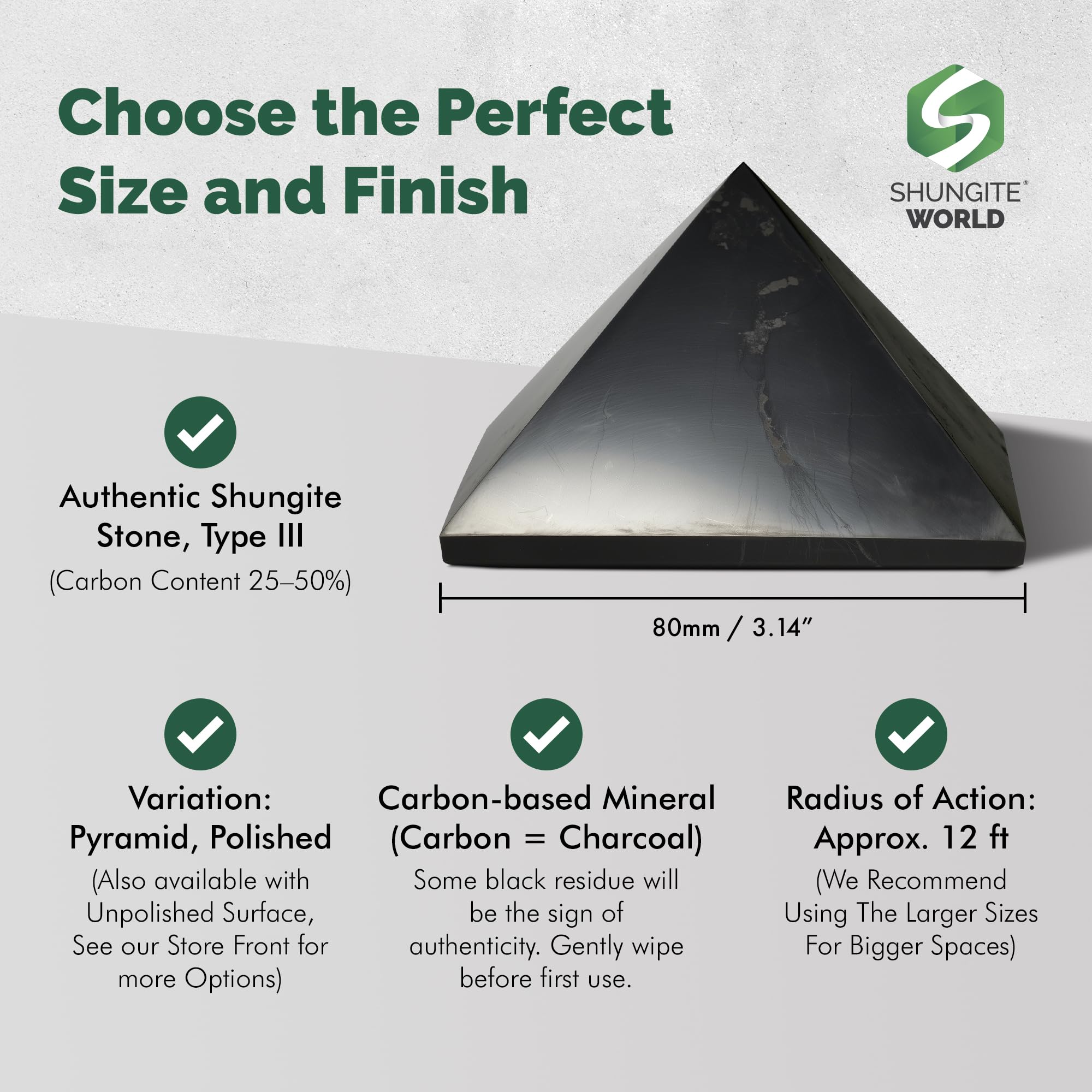 Shungite World 80 mm pyramid close-up shows carbon-rich surface for energy balance
