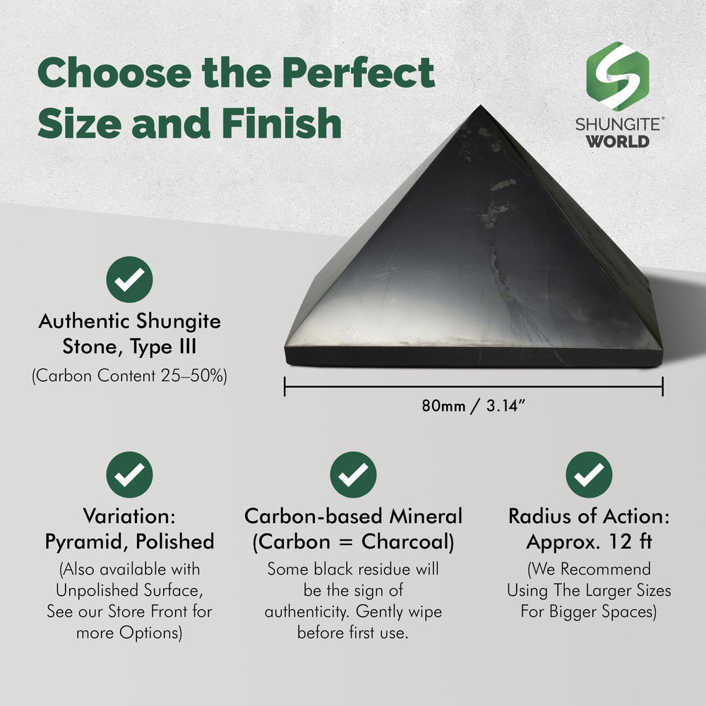 Shungite World 80 mm pyramid close-up shows carbon-rich surface for energy balance