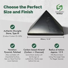 Shungite World 80 mm pyramid close-up shows carbon-rich surface for energy balance