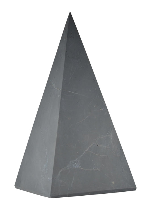 Shungite World authentic tall pyramid 100mm, front view, energizes spaces with natural protective calm.