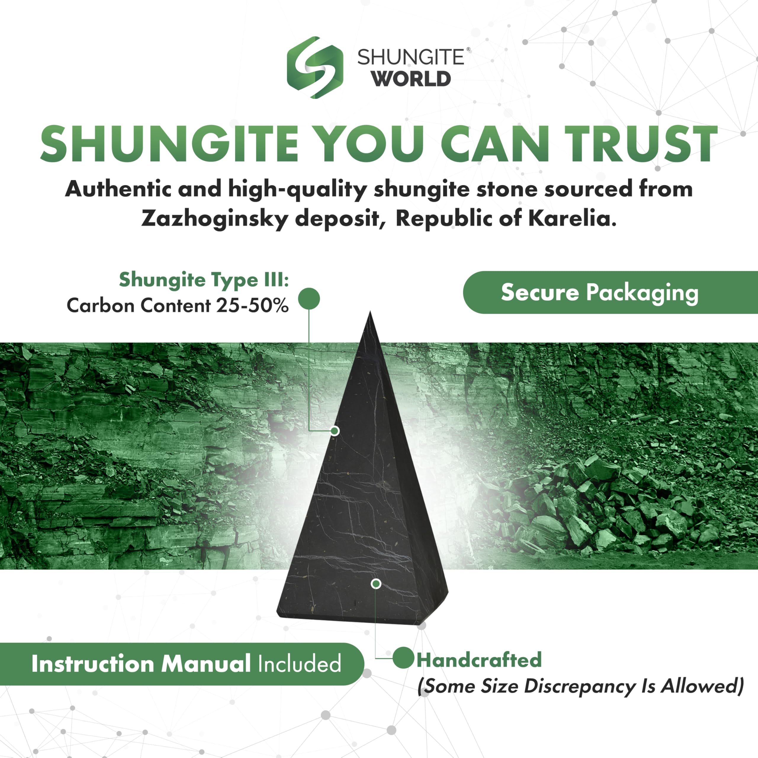 Shungite World authentic tall pyramid desk setup near electronics for grounding energy