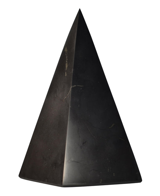 Shungite World authentic tall pyramid 70mm on display, enhancing calm and focus.