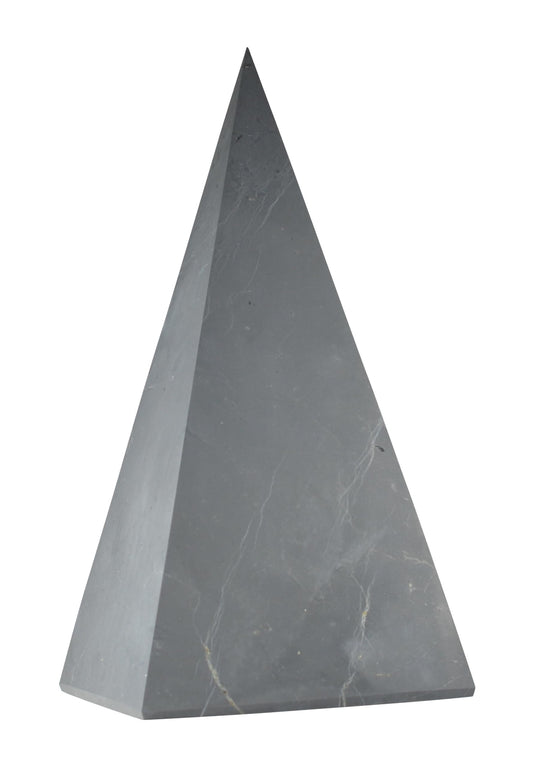 Shungite World authentic tall pyramid 90mm on display for protective energy at home