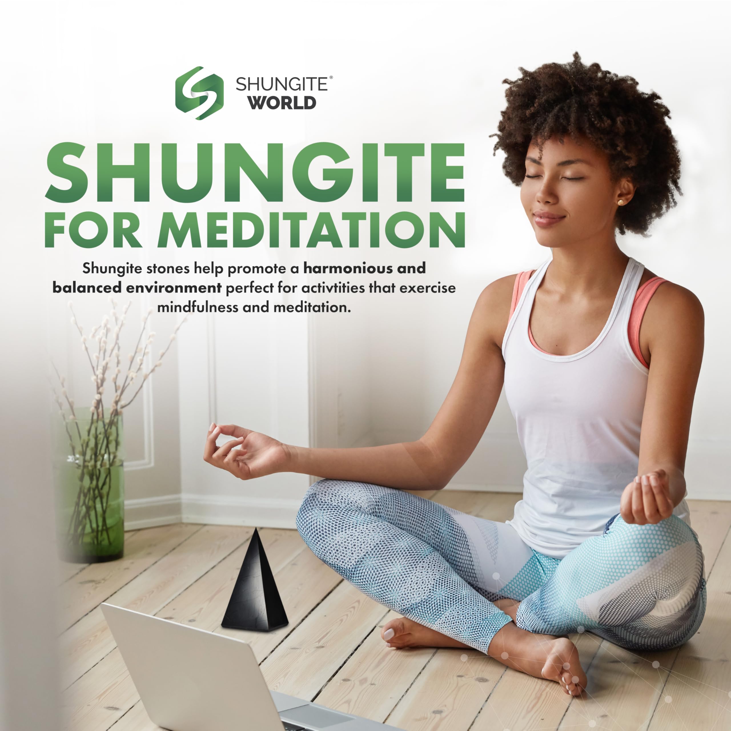 Shungite World crystal collection beside pyramid enhances holistic decor and synergistic vibes.