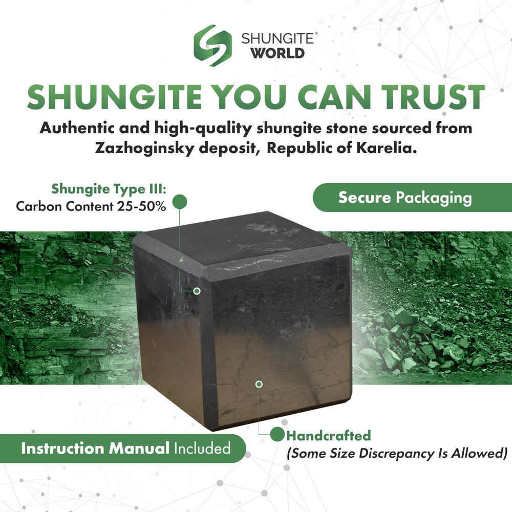Shungite World cubes on desk beside laptop for device shielding.