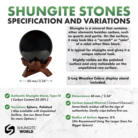 Shungite World polished 60mm sphere close-up showing smooth surface and luster
