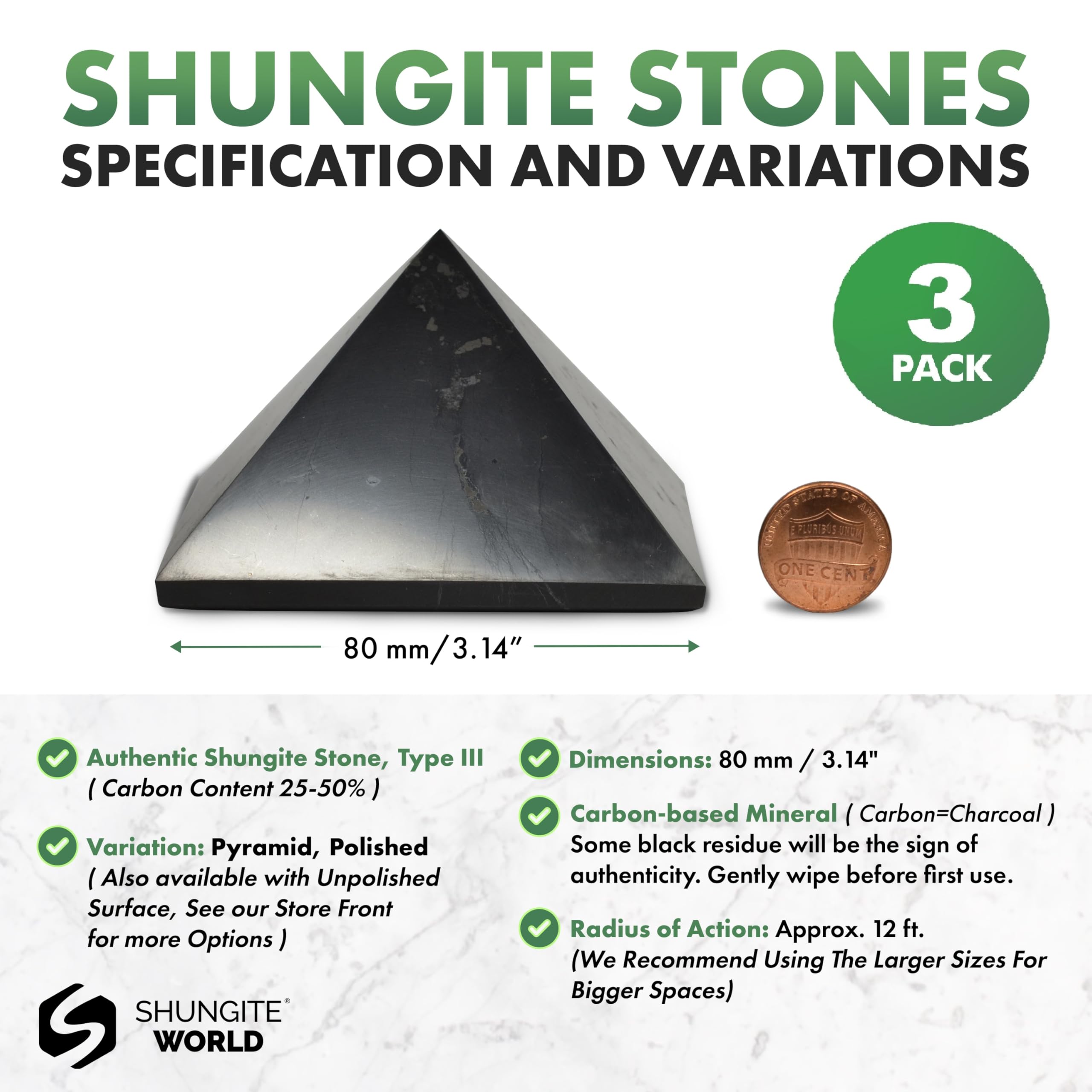 Shungite World 3-piece pyramid set for desk protection and device energy balancing near electronics.