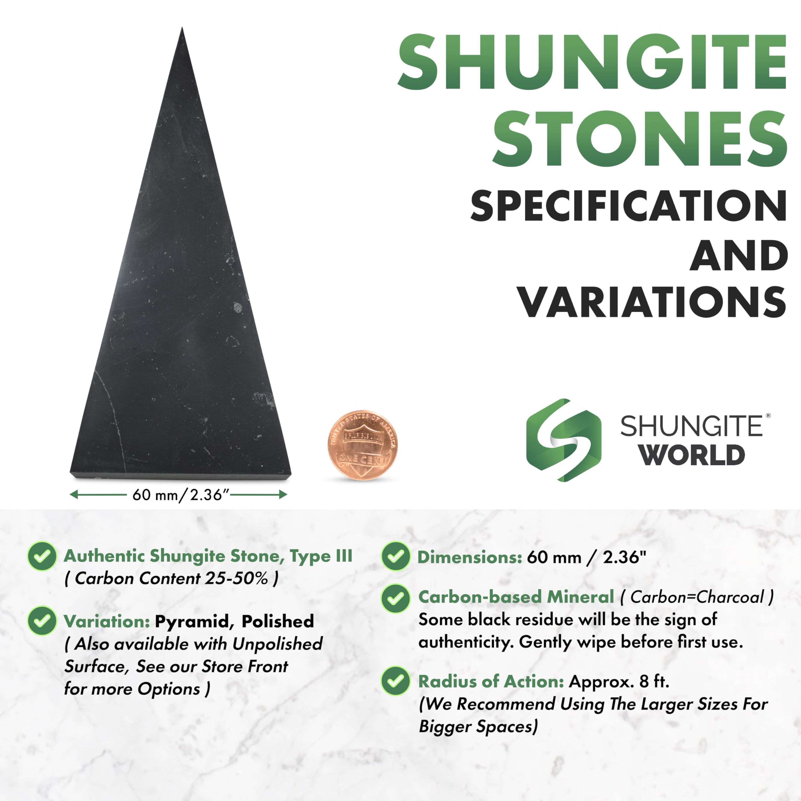 Shungite World 60mm polished pyramid closeup highlights smooth surface for calm ambiance.