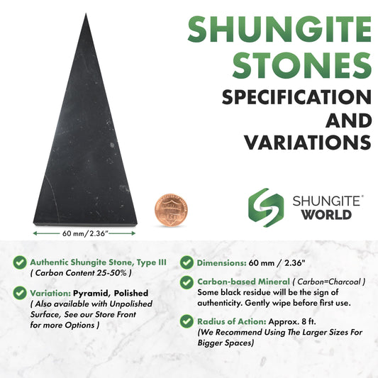 Shungite World 60mm polished pyramid closeup highlights smooth surface for calm ambiance.