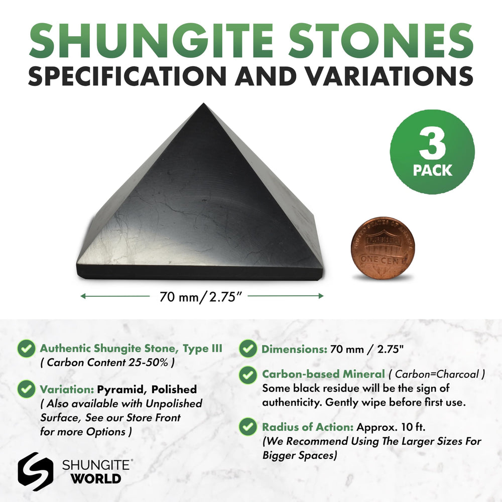 Shungite World 70mm desk-scene pyramid display with calming presence.
